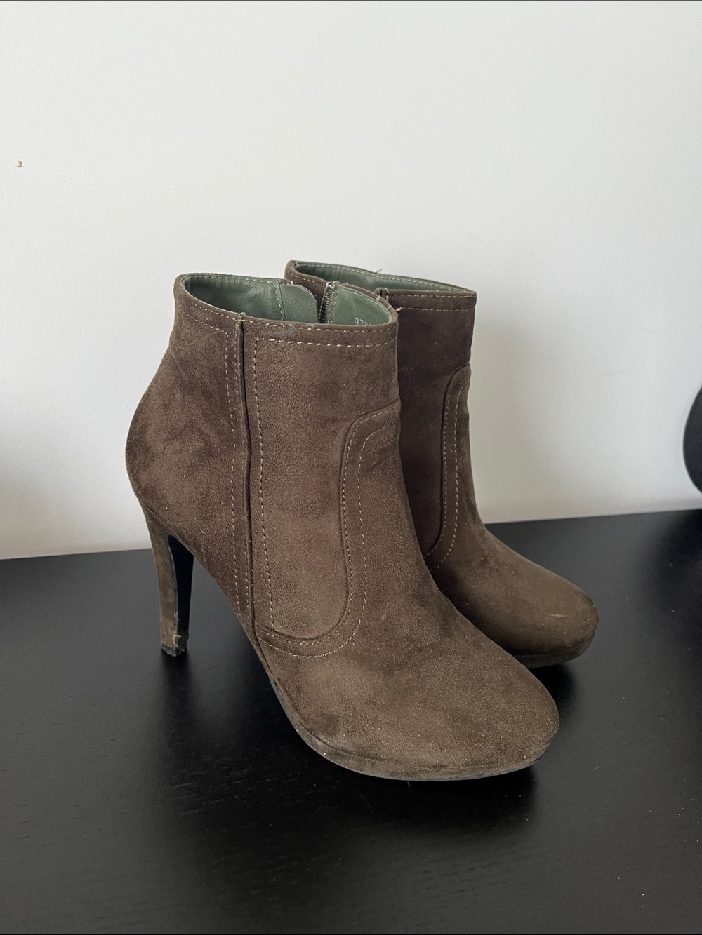 Kaki Suede Look High Heel Ankle Booties Side Zip Almond Toe